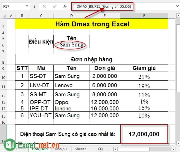 Hàm Dmax trong Excel 4