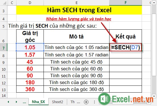 Hàm SECH trong Excel 2