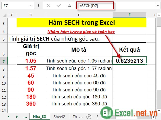 Hàm SECH trong Excel 3