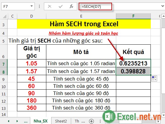 Hàm SECH trong Excel 4