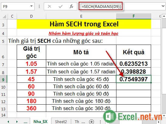 Hàm SECH trong Excel 6