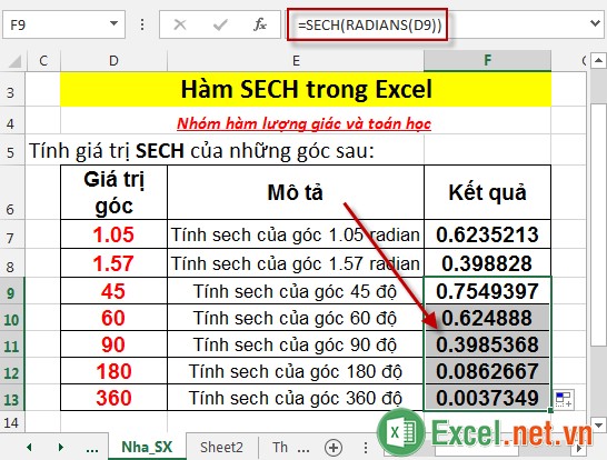 Hàm SECH trong Excel 7