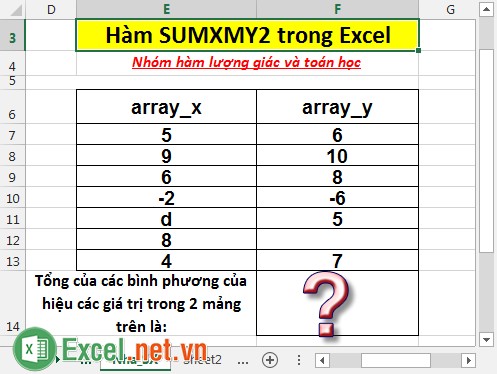 Hàm SUMXMY2 - Hàm trả về tổng của các bình phương của hiệu các giá trị tương ứng trong 2 mảng trong Excel