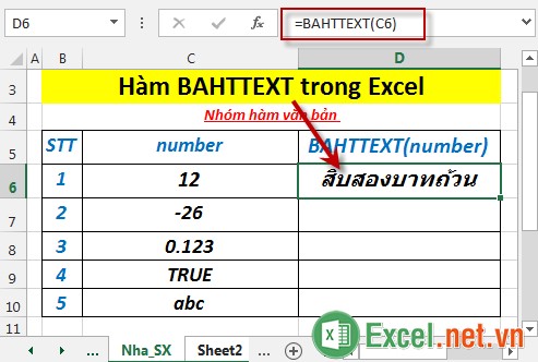 Hàm BAHTTEXT - Hàm chuyển đổi 1 số sang dạng văn bản tiếng Thái và thêm hậu tố “BAHT” trong Excel