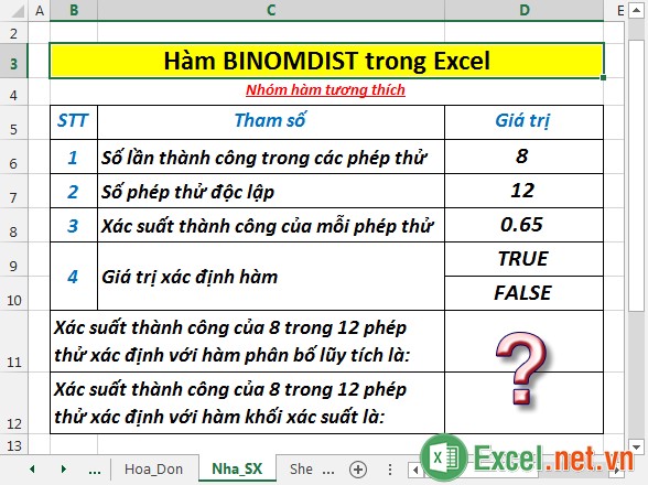 Hàm BINOMDIST - Hàm trả về xác suất phân bố nhị thức của thuật ngữ riêng lẻ trong Excel