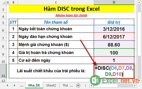 Hàm DISC - Hàm trả về mức chiết khấu cho một chứng khoán trong Excel