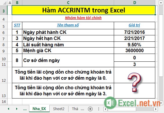 Hàm ACCRINTM - Hàm trả về tiền lãi cộng dồn cho chứng khoán trả lãi khi đáo hạn trong Excel