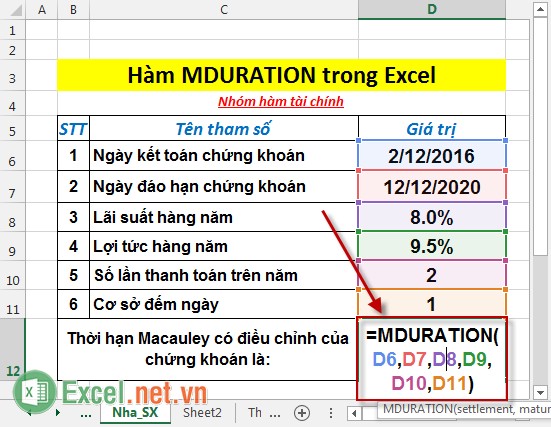 Hàm MDURATION - Trả về thời hạn Macauley có điều chỉnh của một chứng khoán với mệnh giá giả định $100 trong Excel