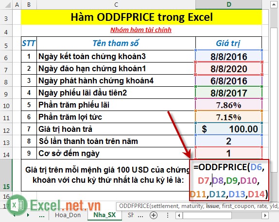 Hàm ODDFPRICE - Trả về giá trên mỗi mệnh giá 100 USD của chứng khoán với chu kỳ thứ nhất là chu kỳ lẻ  trong Excel