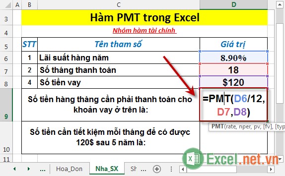 Hàm PMT - Hàm trả về số tiền cần phải thanh toán cho một khoản vay trong Excel