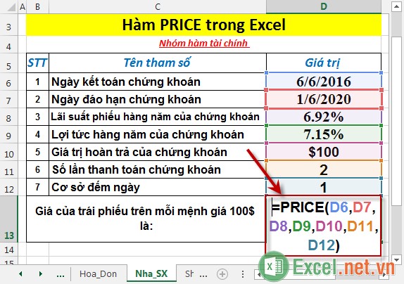 Hàm PRICE -  Hàm trả về giá trên mỗi mệnh giá 100$ của một chứng khoán trả lãi định kỳ trong Excel