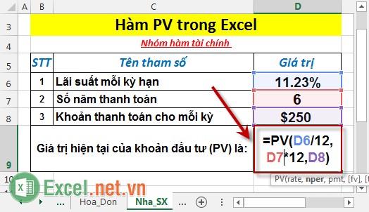 Hàm PV - Hàm trả về giá trị hiện tại của khoản đầu tư trong Excel