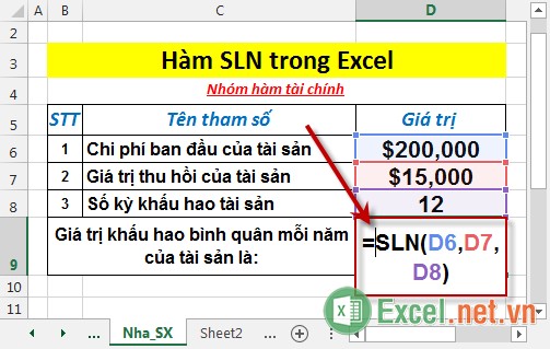 Hàm SLN - Hàm trả về giá trị khấu hao theo phương pháp đường thẳng của tài sản trong một kỳ trong Excel