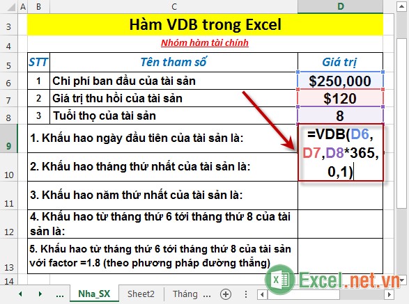 Hàm VDB - Hàm trả về khấu hao tài sản trong một kỳ theo phương pháp số dư giảm dần kép hoặc phương pháp khác trong Excel