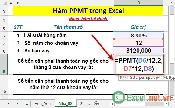 Hàm PPMT - Hàm trả về số tiền thanh toán gốc của một khoản đầu tư với kỳ hạn xác định trong Excel