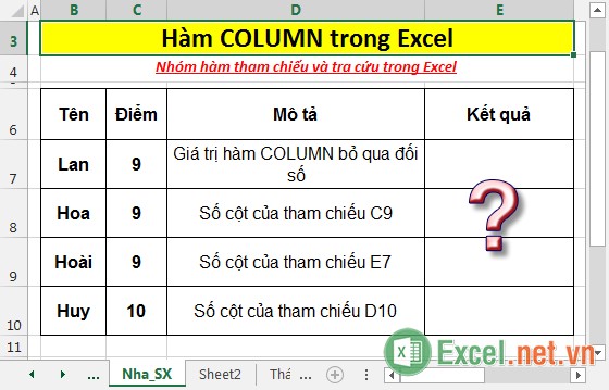 Hàm COLUMN - Hàm trả về số cột của tham chiếu ô nhất định trong Excel