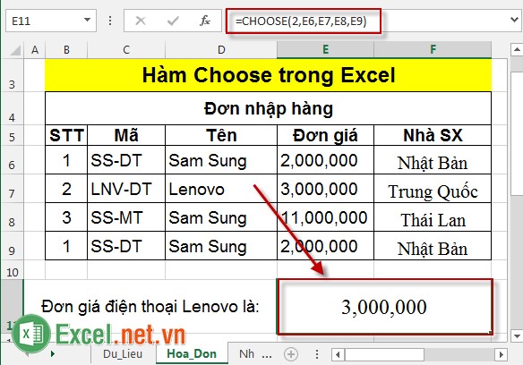 Hàm Choose trong Excel 2
