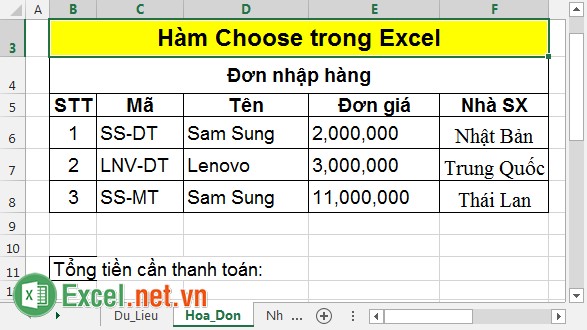 Hàm Choose trong Excel 3