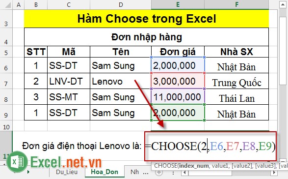 Hàm Choose trong Excel