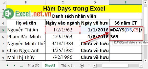 Hàm Days trong Excel 2