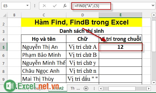 Hàm Find, FindB trong Excel 2