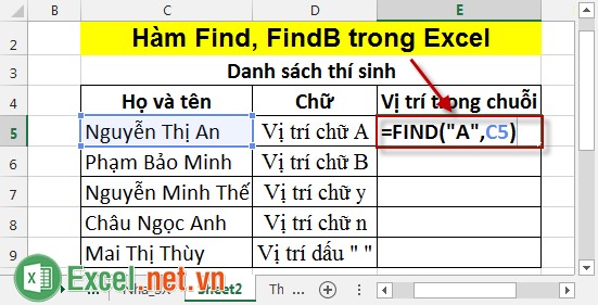 Hàm Find, FindB trong Excel