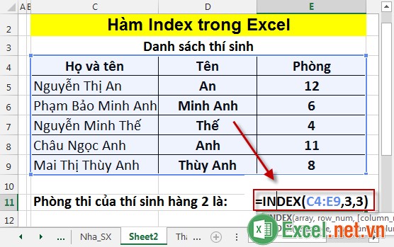 Hàm Index trong Excel 2