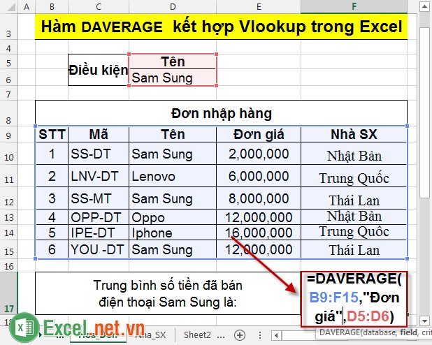 Hàm DAVERAGE kết hợp Vlookup trong Excel 2
