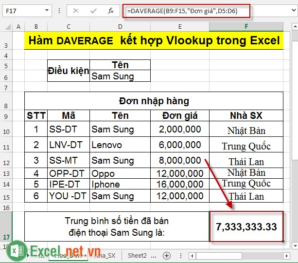 Hàm DAVERAGE kết hợp Vlookup trong Excel 3