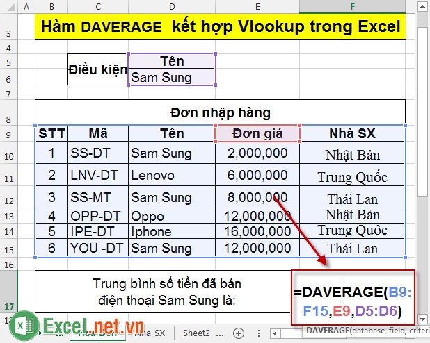 Hàm DAVERAGE kết hợp Vlookup trong Excel 4