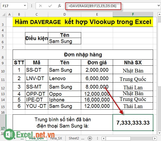 Hàm DAVERAGE kết hợp Vlookup trong Excel 5