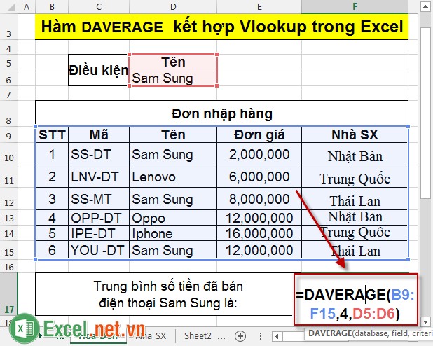 Hàm DAVERAGE kết hợp Vlookup trong Excel 6