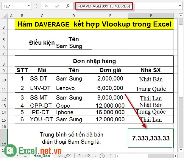 Hàm DAVERAGE kết hợp Vlookup trong Excel 7
