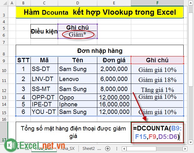 Hàm Dcounta kết hợp Vlookup trong Excel 2