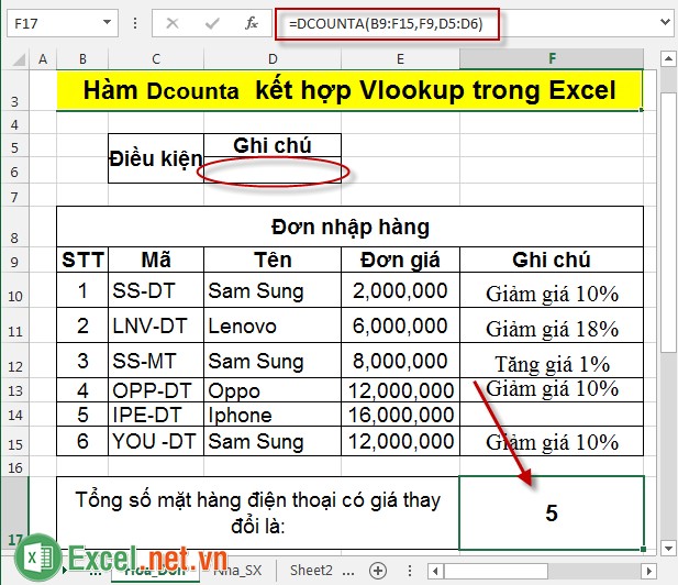 Hàm Dcounta kết hợp Vlookup trong Excel 4
