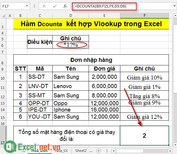Hàm Dcounta kết hợp Vlookup trong Excel 6