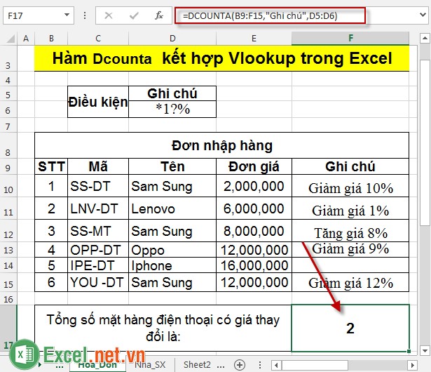 Hàm Dcounta kết hợp Vlookup trong Excel 7