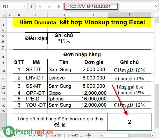 Hàm Dcounta kết hợp Vlookup trong Excel 8