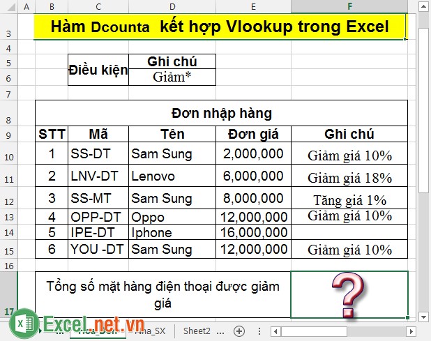 Hàm Dcounta kết hợp Vlookup trong Excel