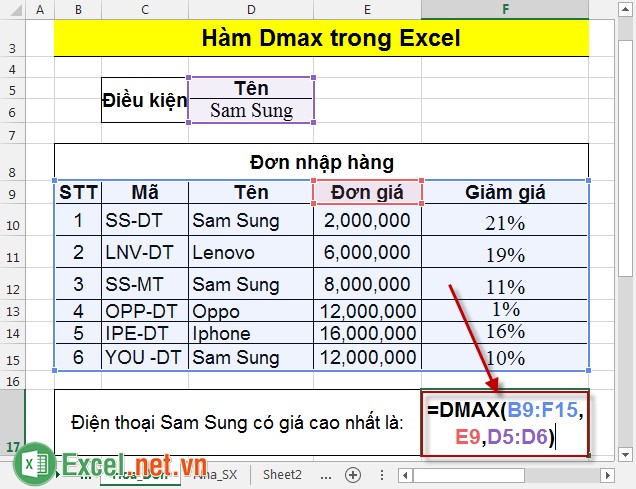 Hàm Dmax trong Excel 2