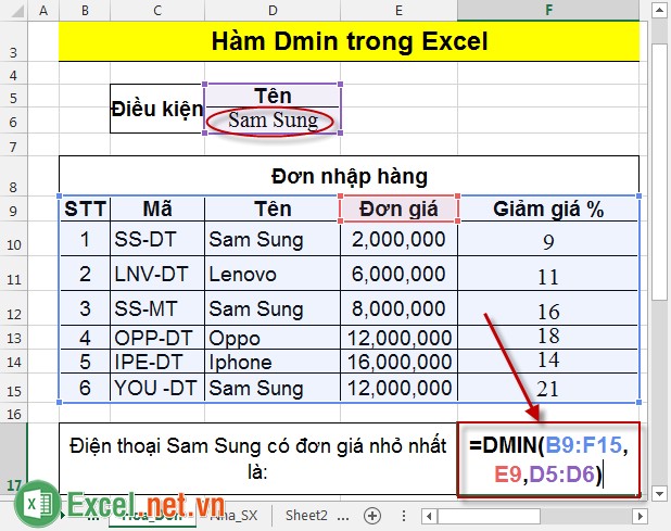 Hàm Dmin trong Excel 2