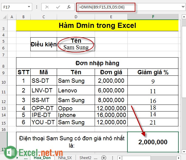 Hàm Dmin trong Excel 3