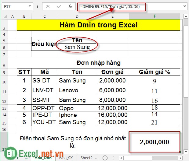 Hàm Dmin trong Excel 4