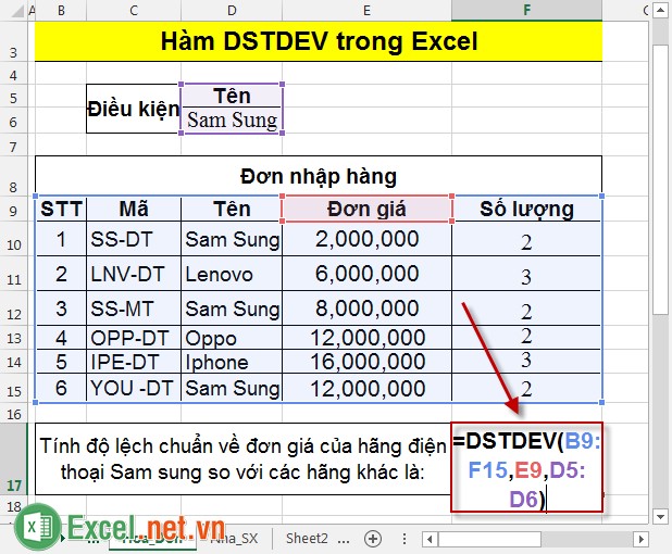 Hàm DSTDEV trong Excel 2