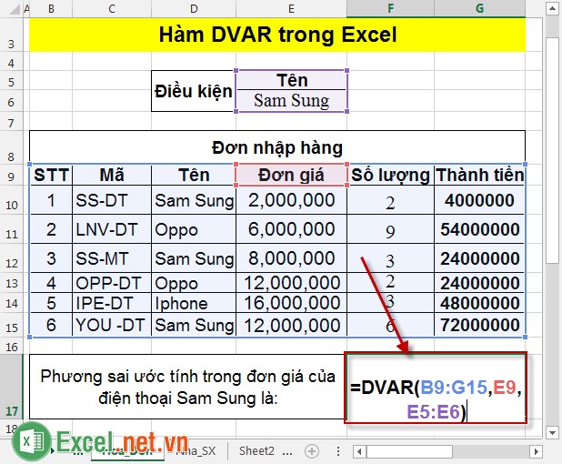 Hàm DVAR trong Excel 2