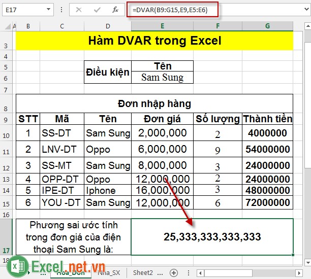 Hàm DVAR trong Excel 3