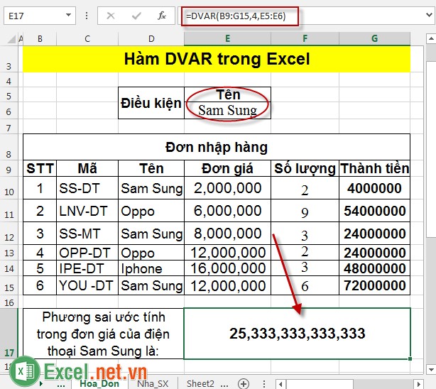 Hàm DVAR trong Excel 5