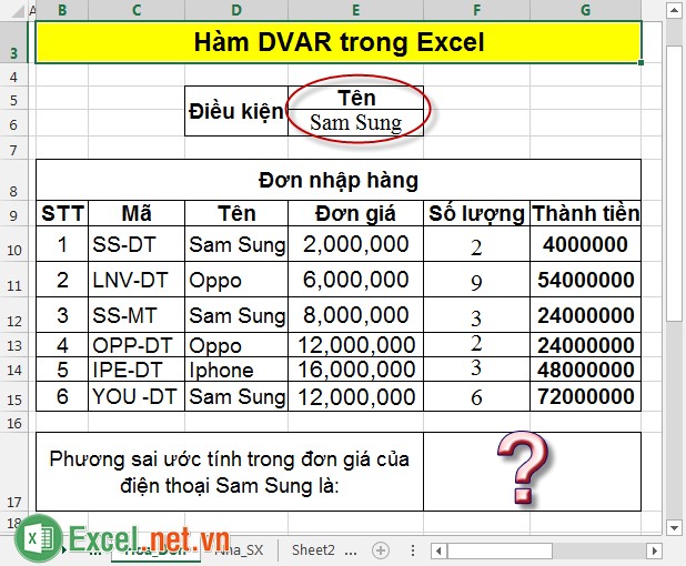 Hàm DVAR trong Excel