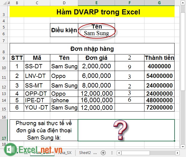 Hàm DVARP trong Excel