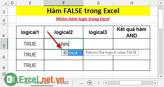 Hàm FALSE trong Excel